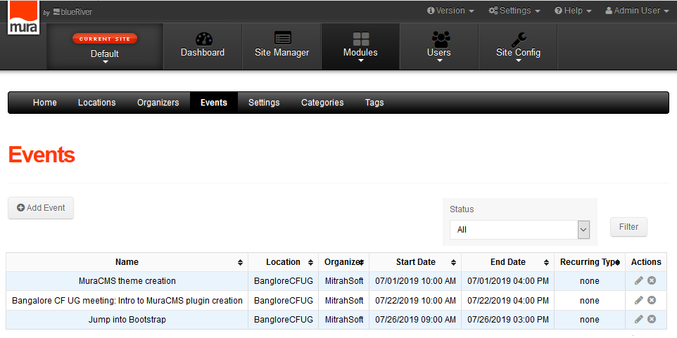 Muracms Events Manager Plugin List Page
