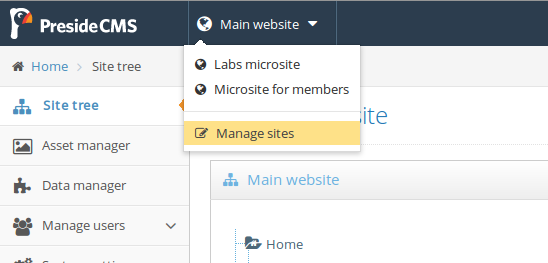 PresideCMS Multiple Sites Presidecms Site Picker